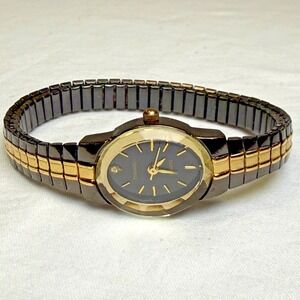 Vintage Woman's Embassy Elegant Petite Oval Black Gold Two Tone Watch Japan Movt